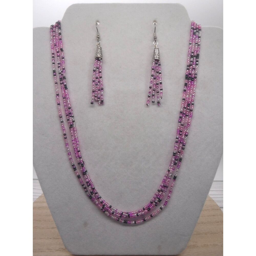 Necklace & Earring Set Purple, Pinks, Black and Silver